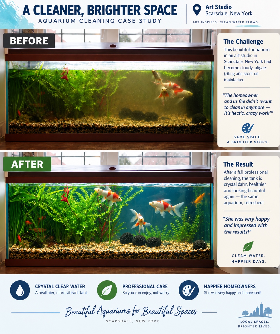 Before and after freshwater aquarium cleaning at an art studio in Scarsdale, New York